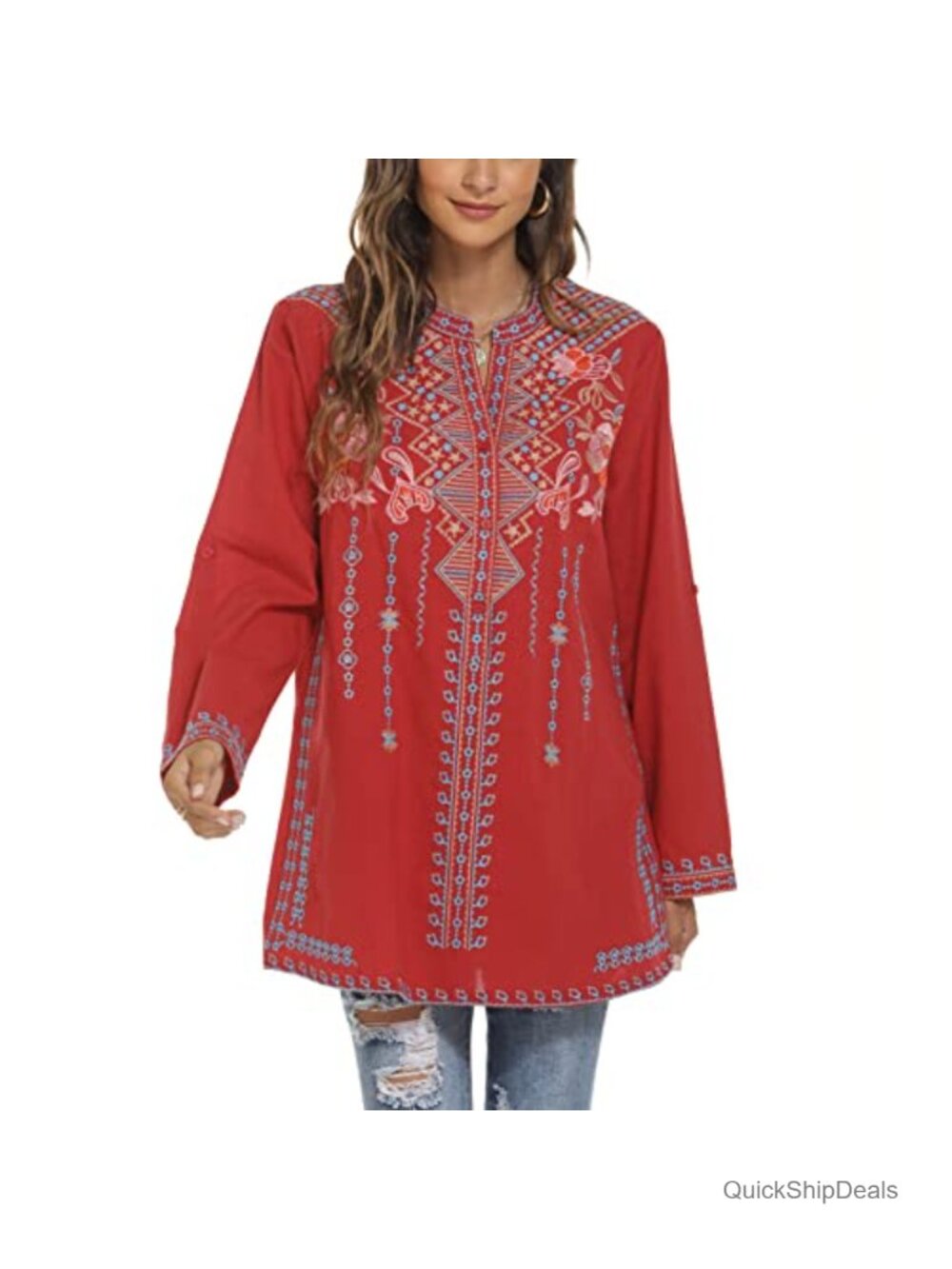 Boho Embroidered Long Sleeve Tunic Top Peasant Blouse Rayon Cotton Loose Fit